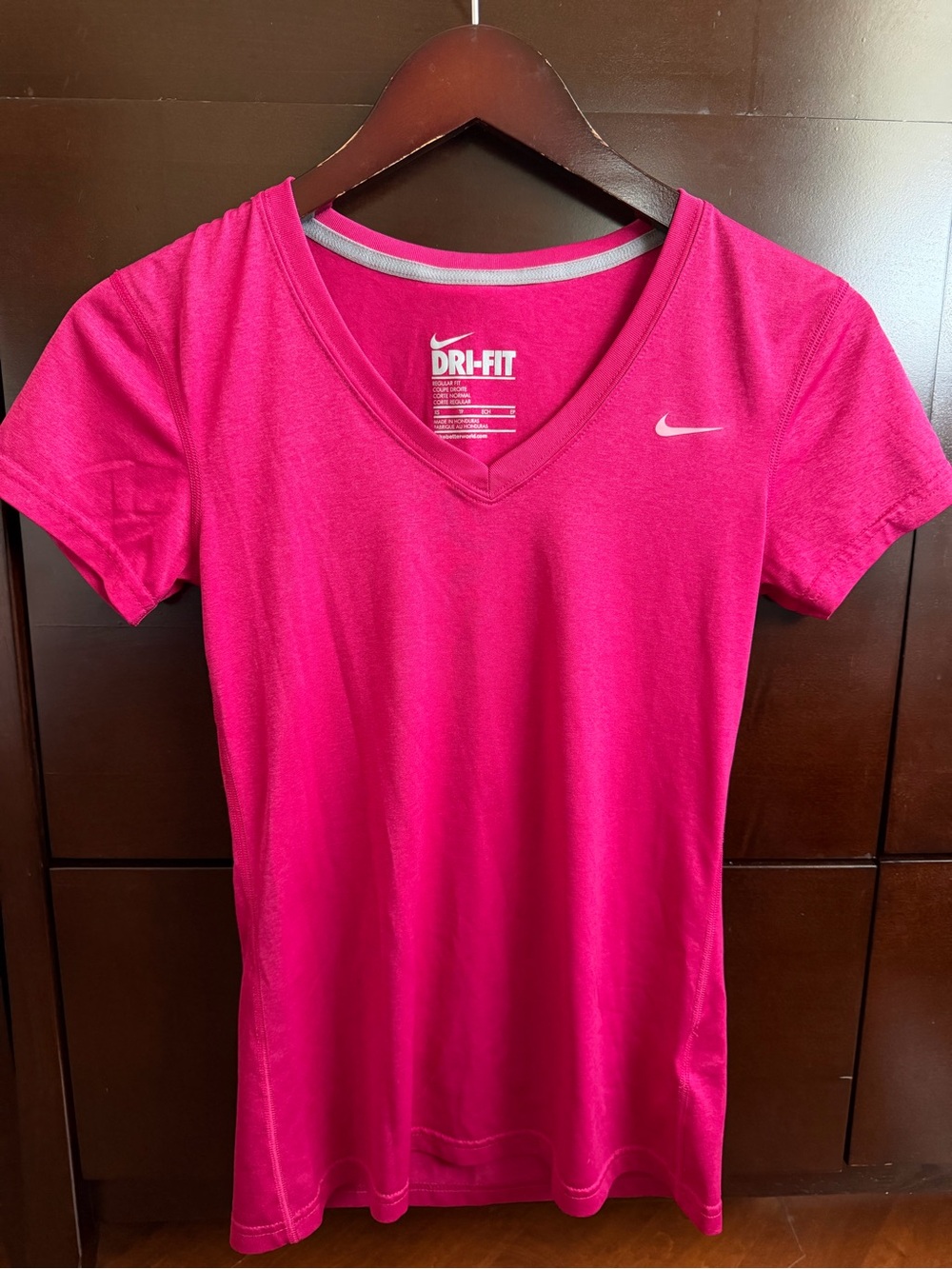 Nike Women's Bright Pink Dri-FIT V-Neck Short Sleeve Tee